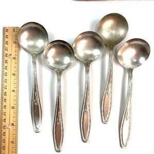 Set Of 5 Vintage Silver-Plated Soup Spoons With Ornate Handle Design 21n